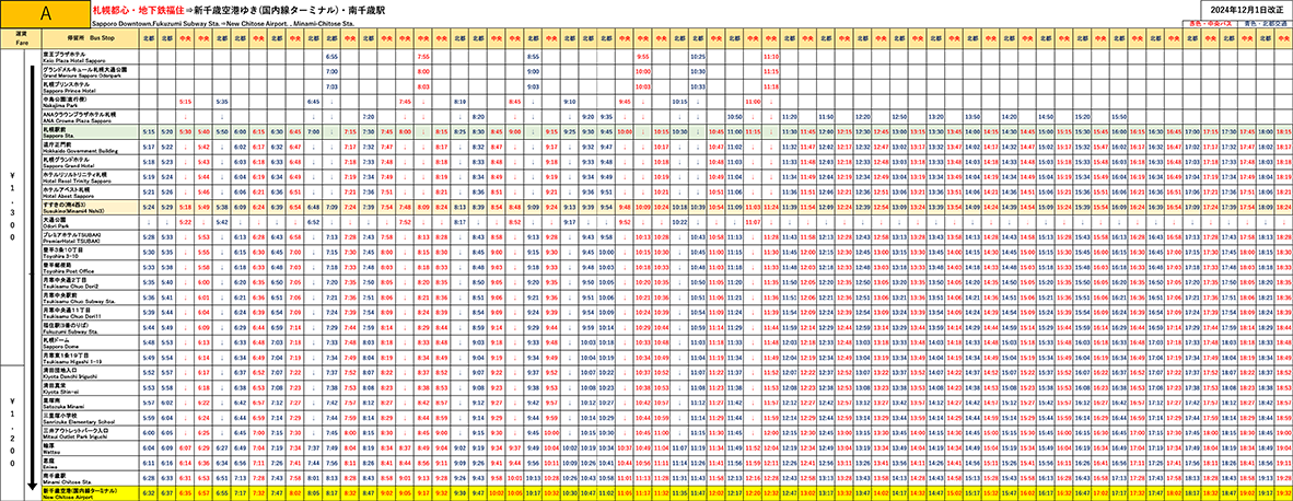 Timetable (from the airport to Sapporo)